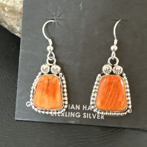 Navajo Orange Spiny Oyster Dangle Earrings | Sterling Silver | Authentic Native American Handmade | 17274