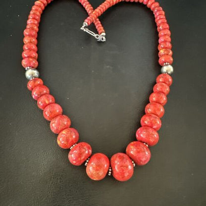 Authentic Navajo Sterling Silver Necklace | Apple Sponge Coral Graduated Beads | 25" | Native American Jewelry | 16815