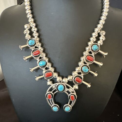 Navajo Shadowbox Coral Kingman Turquoise Squash Blossom Necklace | Sterling Silver | 17" | 16113