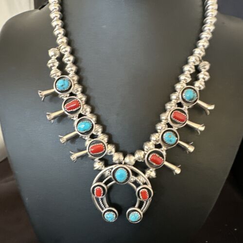 Navajo Shadowbox Coral Kingman Turquoise Squash Blossom Necklace | Sterling Silver | 17" | 16112