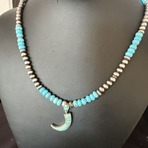 Navajo Blue Turquoise Inlay Pendant | Sterling Silver Necklace | Authentic Native American Handmade | 15422