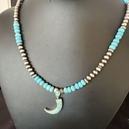 Navajo Blue Turquoise Inlay Pendant | Sterling Silver Necklace | Authentic Native American Handmade | 15422