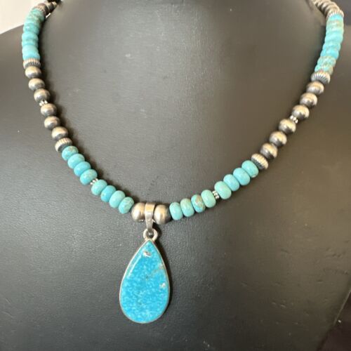 Navajo Pearls Kingman Turquoise Necklace | Sterling Silver Pendant | Authentic Native American Handmade | 17125