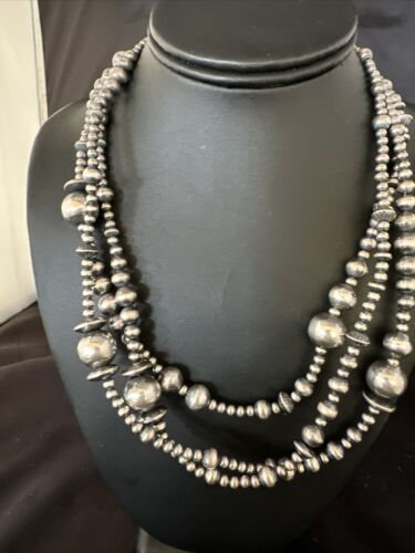 Navajo Pearls Mixed Bead Bib Necklace | Sterling Silver | 3-Strand | 20" | Authentic Native American Handmade | 14954