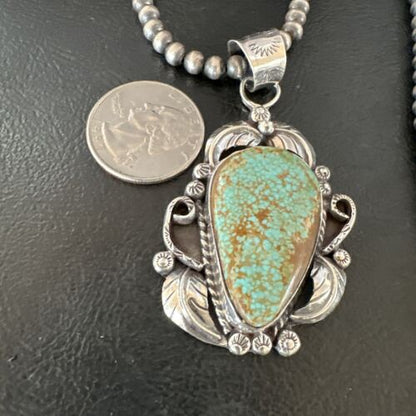 Navajo Blue Turquoise #8 Pendant | Sterling Silver Necklace with Pearls | Authentic Native American Handmade | 15901
