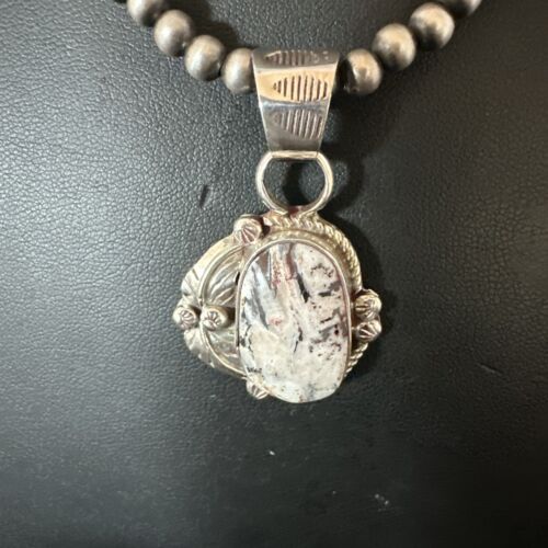Men's White Buffalo Turquoise Pendant Necklace | Navajo Pearls | Sterling Silver | Native American Handmade | 17334