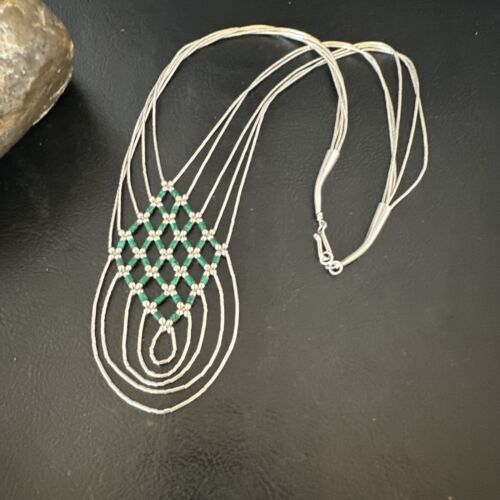 Crisscross Green Malachite Heishi Necklace | 5 Strand Liquid Sterling Silver | 22" | 15884