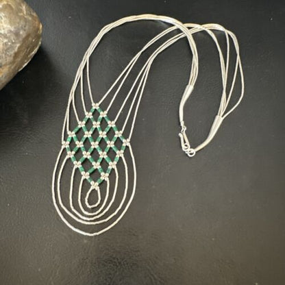 Crisscross Green Malachite Heishi Necklace | 5 Strand Liquid Sterling Silver | 22" | 15884