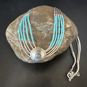Navajo Blue Turquoise Heishi Concha Necklace | 5 Strand Liquid Sterling Silver | 20" | 15876