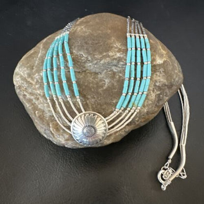 Navajo Blue Turquoise Heishi Concha Necklace | 5 Strand Liquid Sterling Silver | 20" | 15876