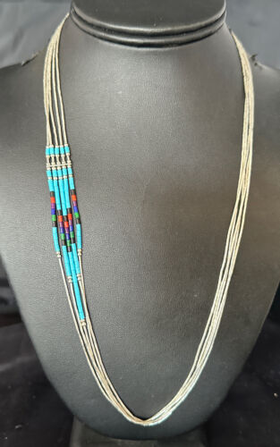 Multi-Color Liquid Silver Heishi Necklace | 5-Strand Sterling Tubes | 25" | 15137