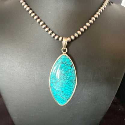 Men's Navajo Blue Spiderweb Turquoise Pendant Necklace | Sterling Silver | Authentic Native American Handmade | 16210