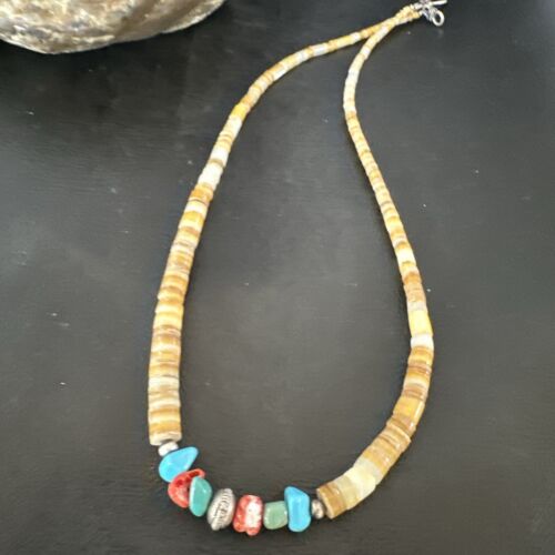 Authentic Native American Santo Domingo Shell Red Coral Blue Turquoise Onyx Necklace | 18" | 16946
