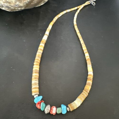 Authentic Native American Santo Domingo Shell Red Coral Blue Turquoise Onyx Necklace | 18" | 16946