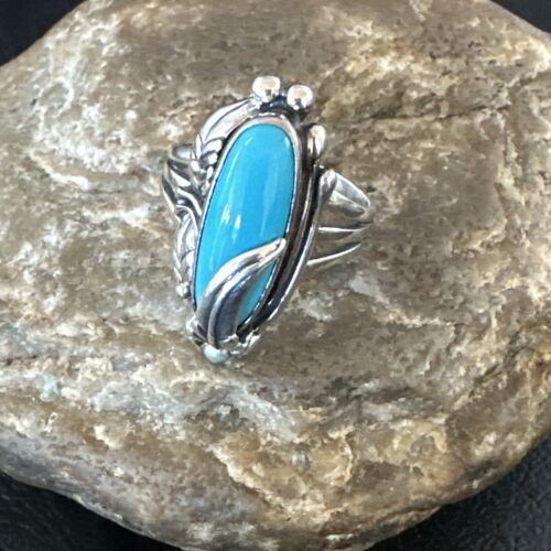 Navajo Leaf Blue Kingman Turquoise Ring | Sterling Silver | Sz 10.5 | Authentic Native American Handmade | 17136