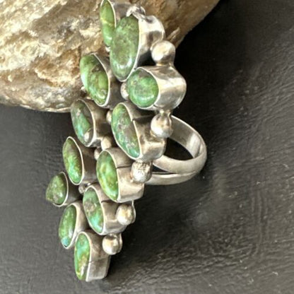Navajo Green Sonoran Gold Turquoise Cluster Ring |Authentic Native American Sterling Silver | Multi-Stone | Sz 9 | 16028