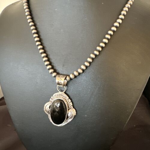 Navajo Pearls Black Onyx Necklace Pendant | Sterling Silver | Authentic Native American Handmade | 16533