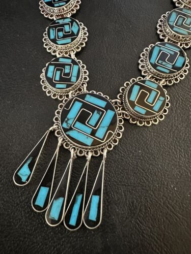 Navajo Sterling Silver Turquoise Onyx Choker Necklace | Inlay Pendant | 18" | 15535