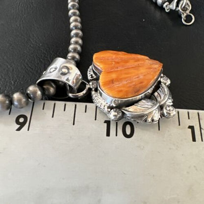 Navajo Orange Spiny Oyster Heart Pendant Necklace | Sterling Silver | Authentic Native American Handmade | 16413