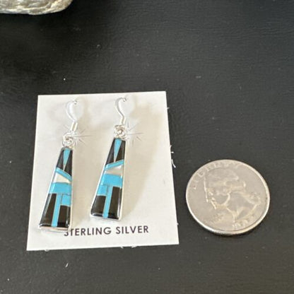 Navajo Blue Turquoise Black Onyx Inlay Earrings | Sterling Silver | 1" | Authentic Native American Handmade | 15700