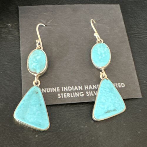 Navajo Blue Kingman Turquoise Dangle Earrings | Sterling Silver | Authentic Native American Handmade | 15103