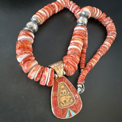 Navajo Red Spiny Oyster Pendant Necklace | Sterling Silver | Brass Inlay | Authentic Native American Handmade | 15789