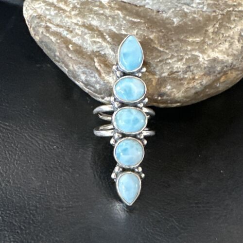 Navajo Women's Cluster Blue Larimar Ring | Authentic Native American Sterling Silver | Multi-Stone | Sz 7.5 | 16150