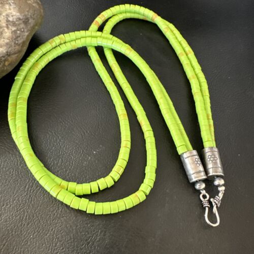 Navajo Green Gaspeite Stabilized Necklace | Sterling Silver | 22" | Authentic Native American Handmade | 16467