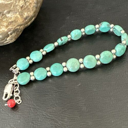 Navajo Blue Turquoise Bead Bracelet | Sterling Silver Link | 8" | Authentic Native American Jewelry | 17235