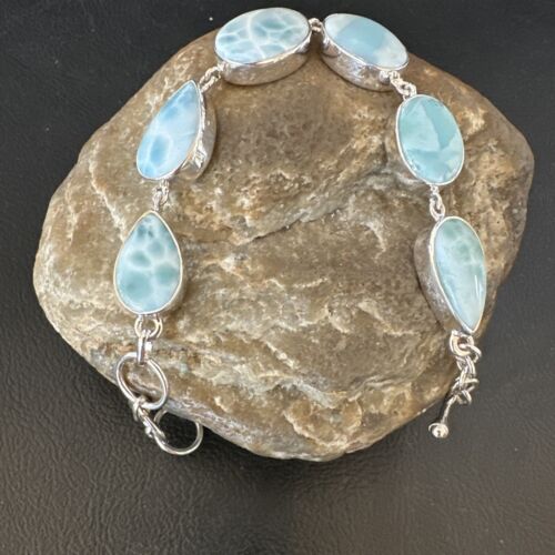 Navajo Blue Larimar Link Bracelet | Sterling Silver | 8" | Authentic Native American Handmade | 16074