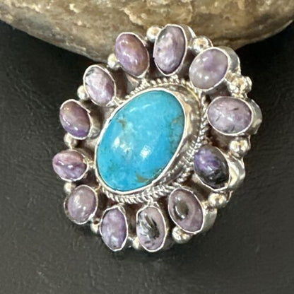 Navajo Kingman Turquoise Charoite Ring | Authentic Native American Sterling Silver | Multi-Stone | Sz 10.5 | 17180