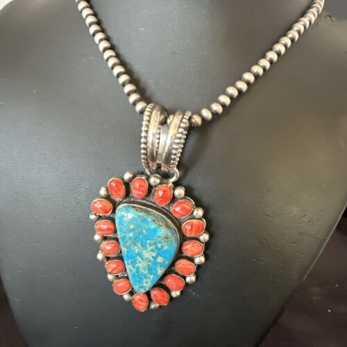 Navajo Turquoise Spiny Oyster Cluster Pendant Necklace | Sterling Silver | Native American Handmade | 17151 - Masha USA