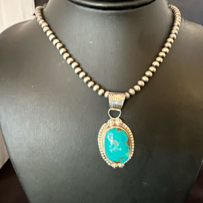 Navajo Pearls Kingman Turquoise Pendant Necklace | Sterling Silver | Authentic Native American Handmade | 17126