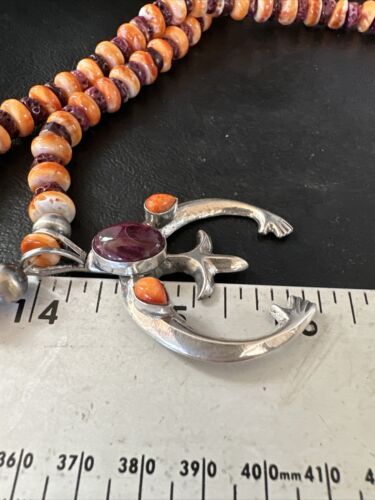 Navajo Orange Purple Spiny Oyster Naja Pendant Necklace | Sterling Silver | Authentic Native American Handmade | 15536
