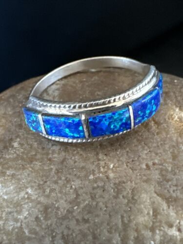 Navajo Blue Opal Inlay Ring | Sterling Silver | Sz 7.5 | Authentic Native American Handmade | 16433