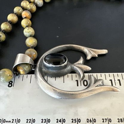 Men's Black Onyx Naja Pendant | Navajo Bumblebee Sterling Silver Necklace | Authentic Native American Handmade | 16092 - Masha USA