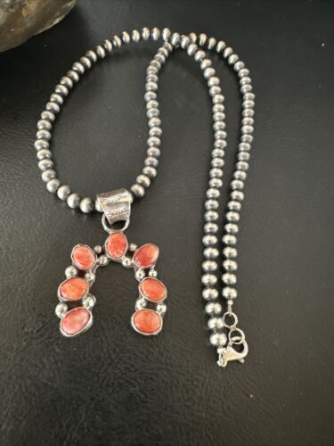 Navajo Red Spiny Oyster Naja Pendant Necklace | Sterling Silver | 20" | Authentic Native American Handmade | 15760