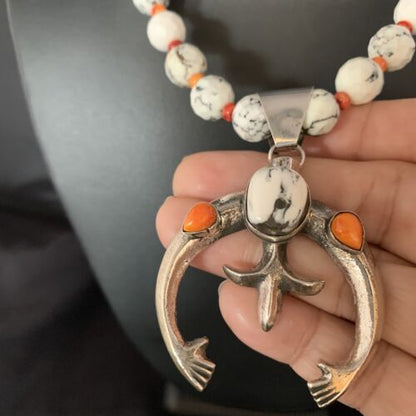 Navajo White Buffalo Turquoise Spiny Oyster Naja Pendant | Sterling Silver | Authentic Native American Handmade | 13648