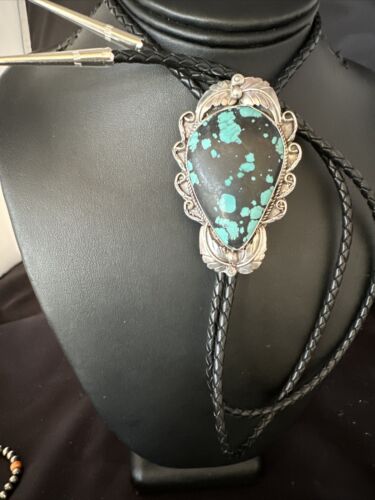 Men's Blue Spiderweb Turquoise Bolo Tie | Navajo Sterling Silver | Authentic Native American Handmade | 15008