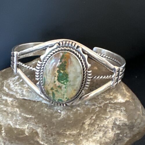 Navajo Green Boulder Turquoise Cuff Bracelet | Sterling Silver | Authentic Native American Handmade | 16245