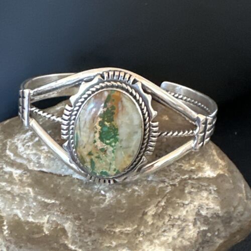 WoMens Green Boulder Turquoise Navajo Sterling Silver Cuff Bracelet 16245