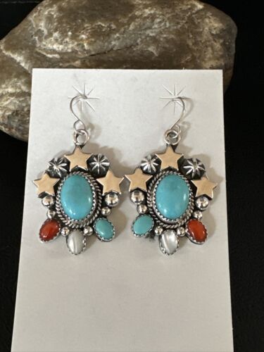 Navajo Coral Mother of Pearl Turquoise Sterling Silver Earrings | July Fourth | Handmade 15330