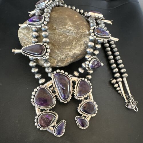 Navajo Squash Blossom Necklace with Purple Sugilite Pendant | Sterling Silver | 28" | 16940