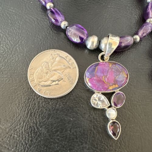 Mojave Turquoise Amethyst Pendant Necklace | Navajo Pearls | Sterling Silver | Native American Handmade | 16097