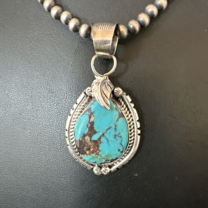 Navajo Blue Kingman Turquoise Pendant Necklace | Sterling Silver | Native American Handmade | 16023