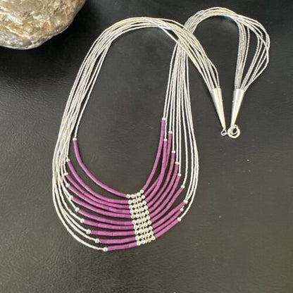 Navajo Sugilite 10-Strand Sterling Liquid Silver Tube Heishi Necklace 22" | Handmade | 16318