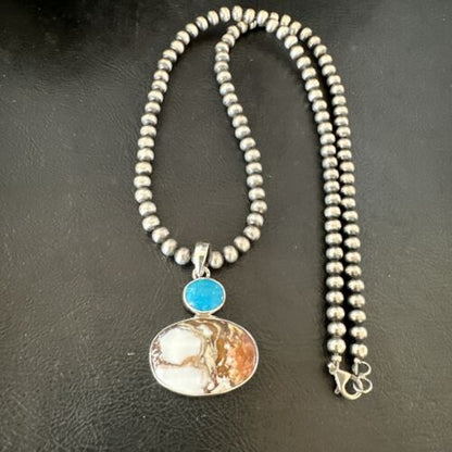 Navajo Wild Horse | Blue Kingman Turquoise Necklace | Sterling Silver | Authentic Native American Handmade | 17341 - Masha USA