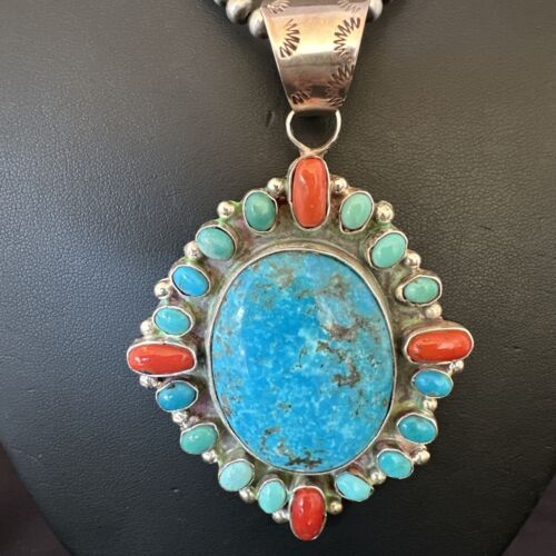 Navajo Red Spiny oyster | Blue Turquoise Pendant Necklace | Sterling Silver | Multi-Stone | 17148