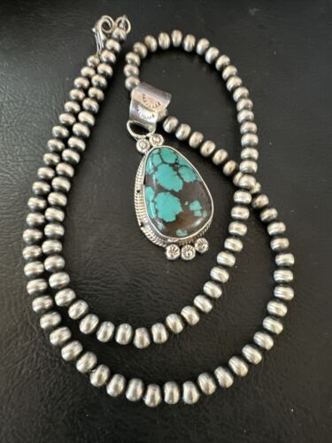Navajo Blue Spiderweb Turquoise Pendant Necklace | Sterling Silver | Authentic Native American Handmade | 17117