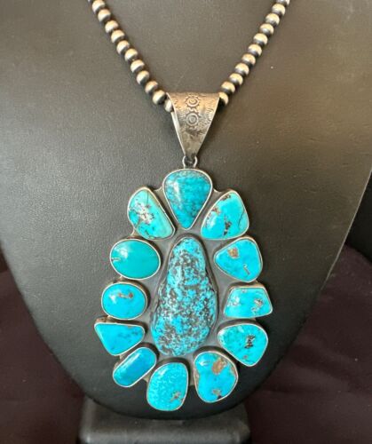 Navajo Blue Kingman Turquoise Cluster Pendant Necklace | Sterling Silver | Authentic Native American Handmade | 16795
